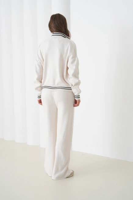 kadın siyah polo yaka fermuarlı kazak pantolon triko alt-üst takım 12343