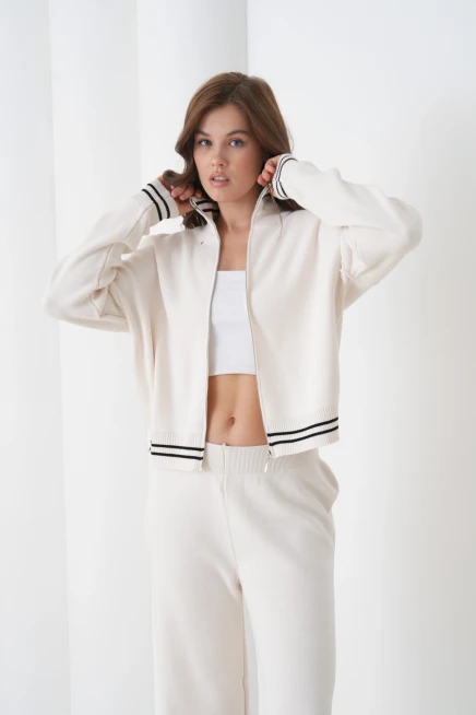 kadın siyah polo yaka fermuarlı kazak pantolon triko alt-üst takım 12343