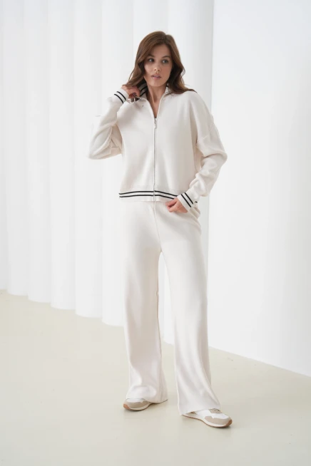 kadın siyah polo yaka fermuarlı kazak pantolon triko alt-üst takım 12343