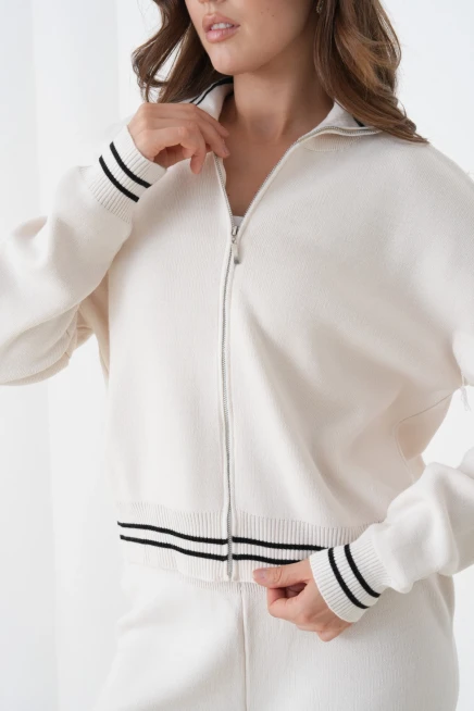 kadın siyah polo yaka fermuarlı kazak pantolon triko alt-üst takım 12343