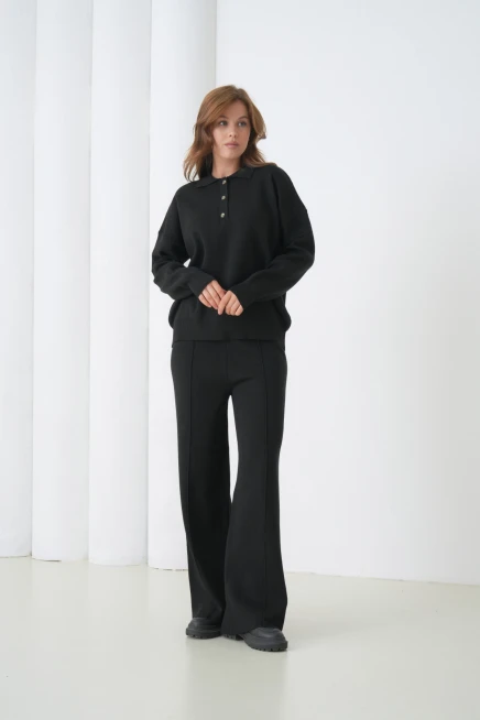 kadın siyah polo yaka kazak pantolon triko alt-üst takım 12333
