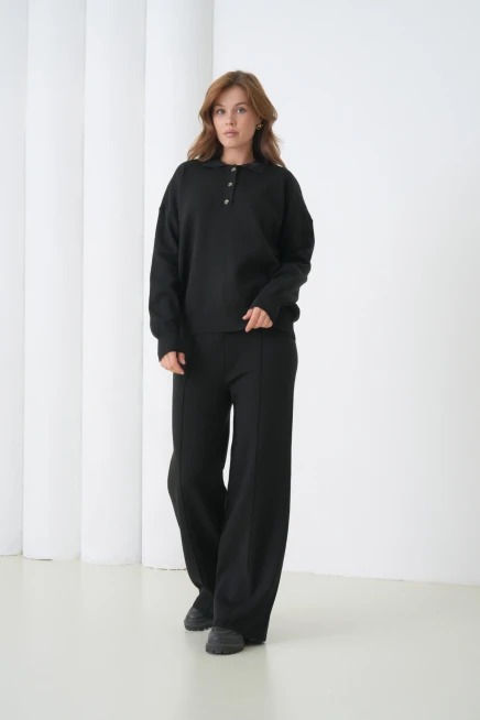 kadın siyah polo yaka kazak pantolon triko alt-üst takım 12333