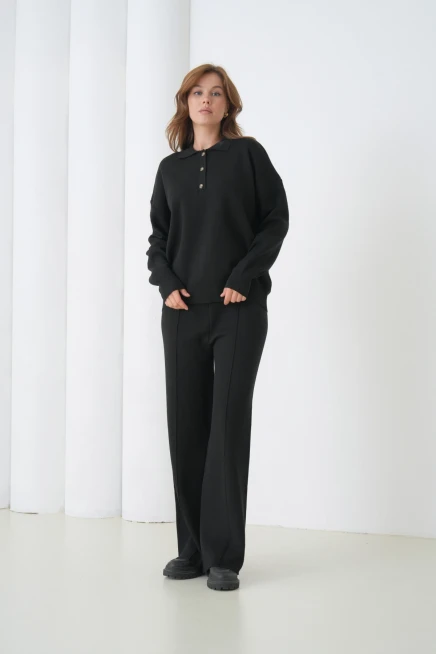 kadın siyah polo yaka kazak pantolon triko alt-üst takım 12333