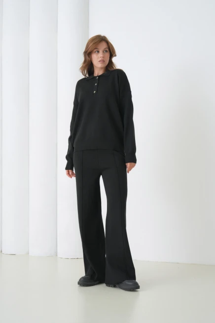 kadın siyah polo yaka kazak pantolon triko alt-üst takım 12333