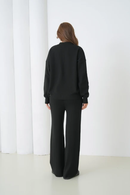 kadın siyah polo yaka kazak pantolon triko alt-üst takım 12333