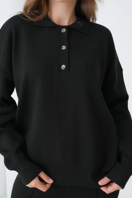 kadın siyah polo yaka kazak pantolon triko alt-üst takım 12333