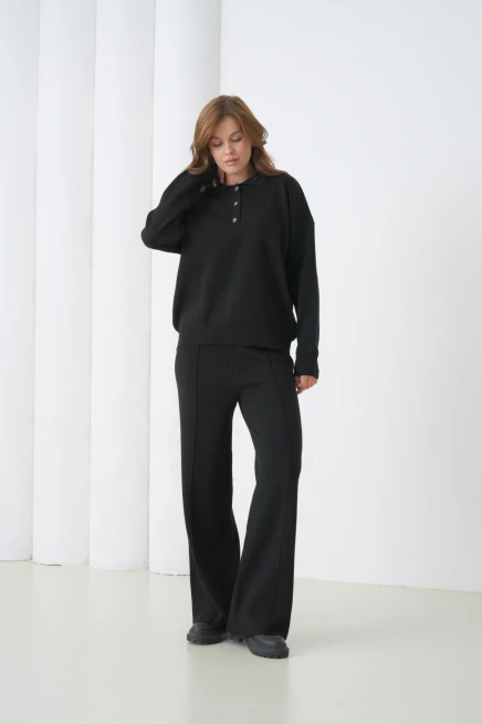 kadın siyah polo yaka kazak pantolon triko alt-üst takım 12333