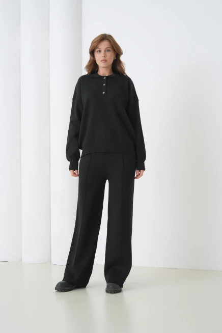 kadın siyah polo yaka kazak pantolon triko alt-üst takım 12333