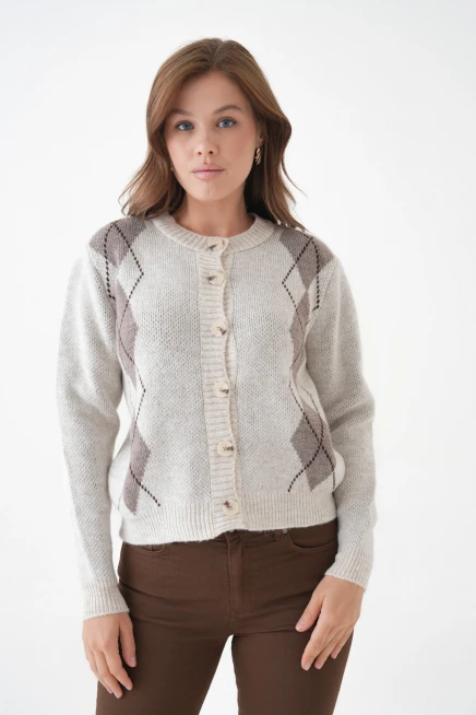 Kadın taş bisiklet yaka düğme detay desenli triko hırka 8605sw