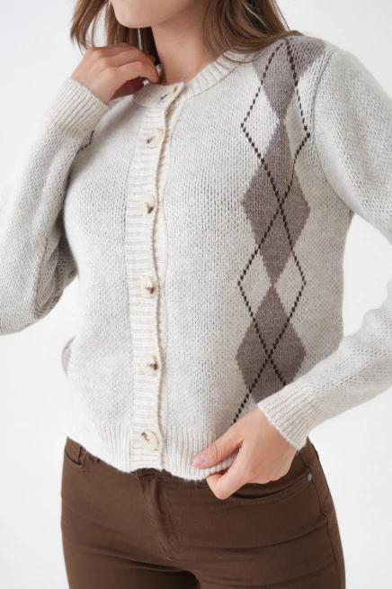 Kadın taş bisiklet yaka düğme detay desenli triko hırka 8605sw