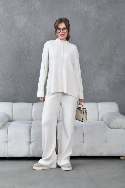 kadın taş dik yaka yırtmaçlı kazak pantolon triko alt-üst takım 10998