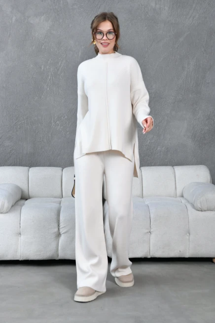 kadın taş dik yaka yırtmaçlı kazak pantolon triko alt-üst takım 10998