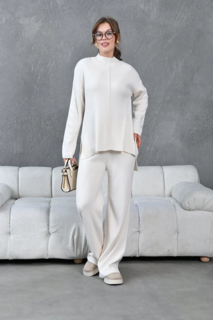 kadın taş dik yaka yırtmaçlı kazak pantolon triko alt-üst takım 10998