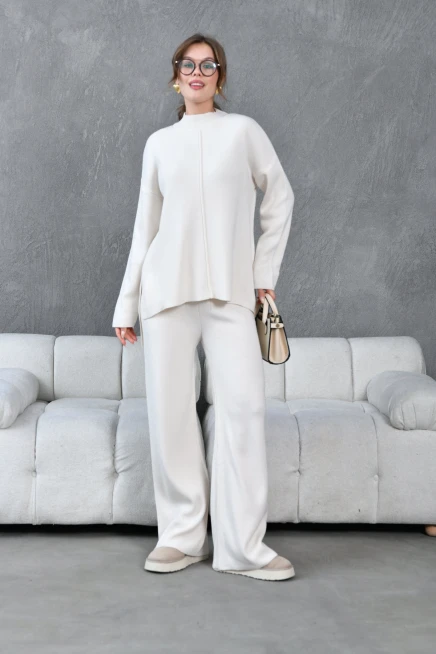 kadın taş dik yaka yırtmaçlı kazak pantolon triko alt-üst takım 10998