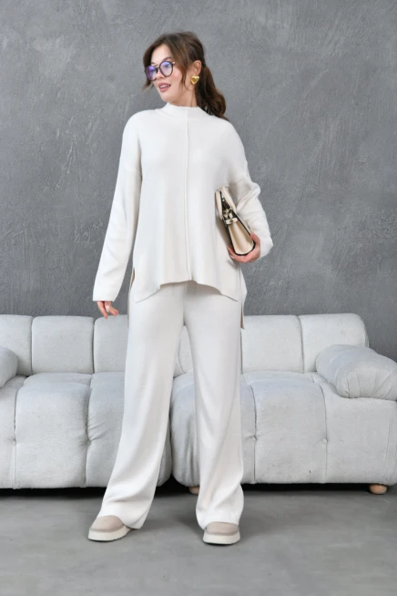 kadın taş dik yaka yırtmaçlı kazak pantolon triko alt-üst takım 10998