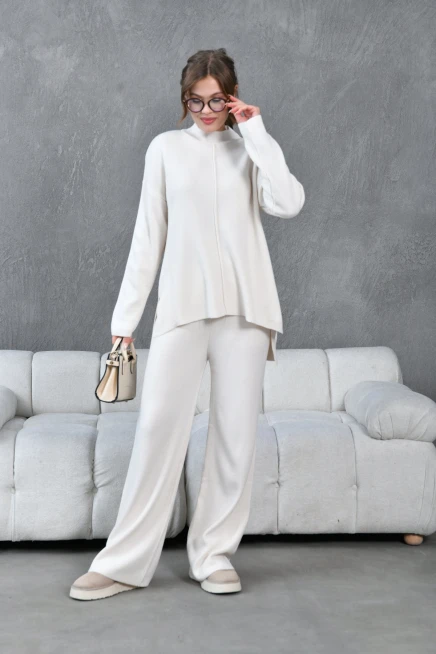 kadın taş dik yaka yırtmaçlı kazak pantolon triko alt-üst takım 10998