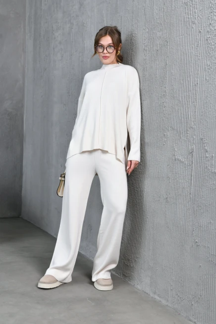 kadın taş dik yaka yırtmaçlı kazak pantolon triko alt-üst takım 10998