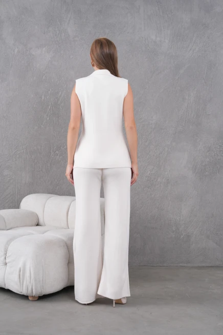 kadın taş gömlek yaka düğmeli yelek palazzo pantolon triko alt-üst takım 12243