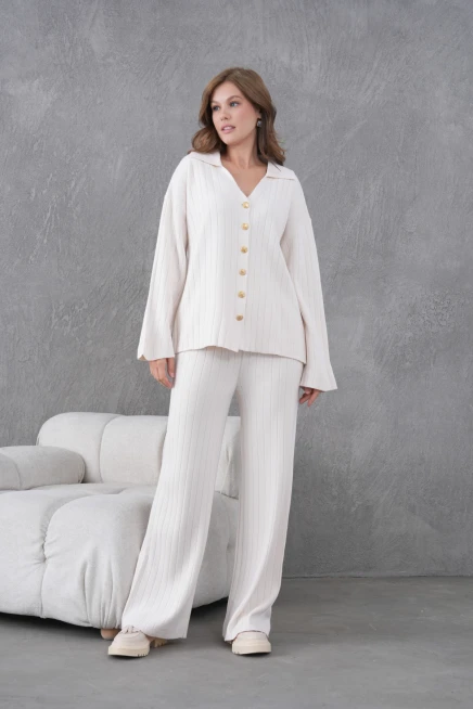 kadın taş kendinden dokulu düğmeli kazak pantolon triko alt-üst takım 12287