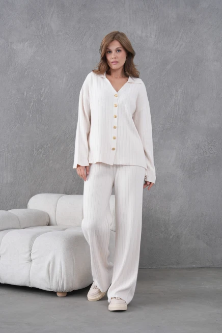 kadın taş kendinden dokulu düğmeli kazak pantolon triko alt-üst takım 12287