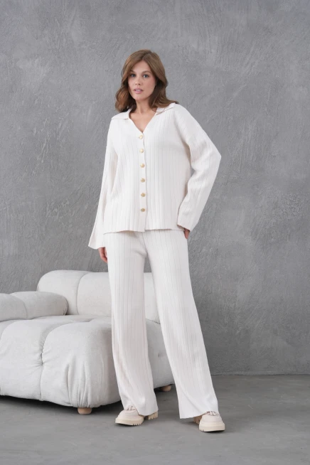 kadın taş kendinden dokulu düğmeli kazak pantolon triko alt-üst takım 12287