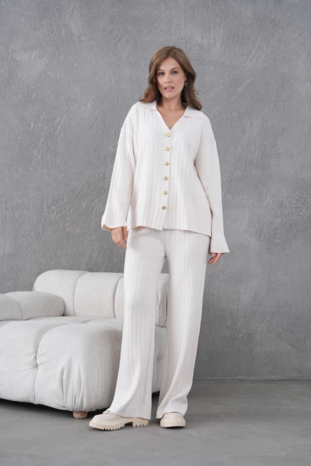 kadın taş kendinden dokulu düğmeli kazak pantolon triko alt-üst takım 12287