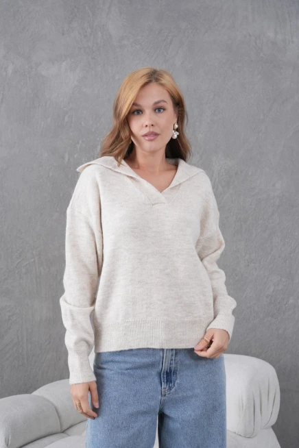 kadın taş polo yaka oversize yarım pat yumuşak dokulu triko kazak 8585sw