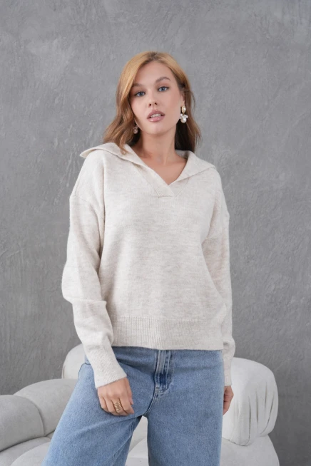 kadın taş polo yaka oversize yarım pat yumuşak dokulu triko kazak 8585sw