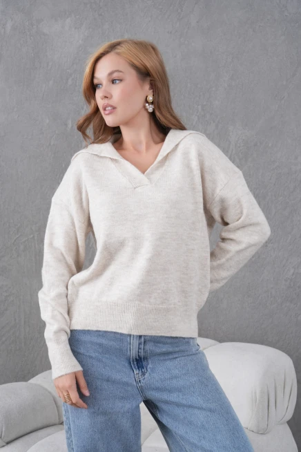 kadın taş polo yaka oversize yarım pat yumuşak dokulu triko kazak 8585sw