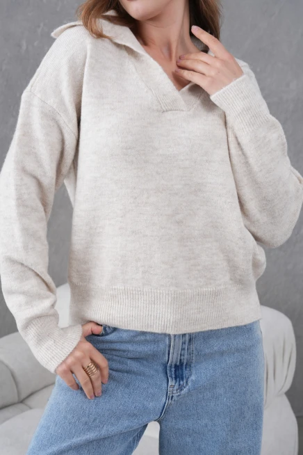 kadın taş polo yaka oversize yarım pat yumuşak dokulu triko kazak 8585sw