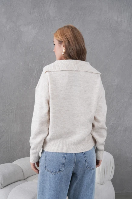 kadın taş polo yaka oversize yarım pat yumuşak dokulu triko kazak 8585sw