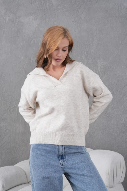 kadın taş polo yaka oversize yarım pat yumuşak dokulu triko kazak 8585sw