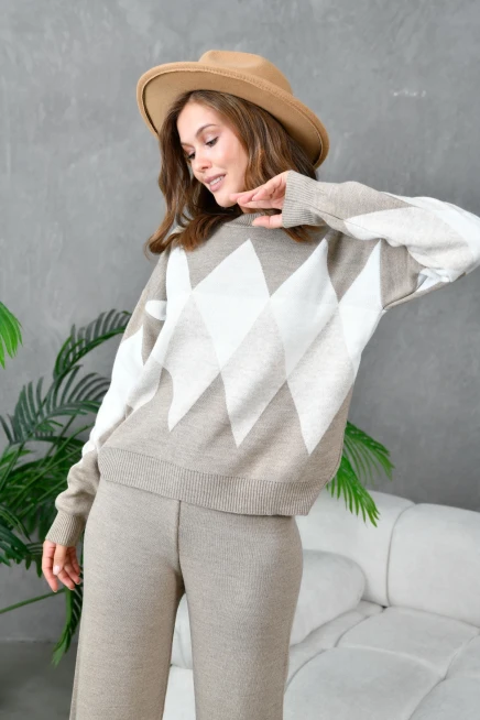 kadın açık vizon bisiklet yaka baklava desenli kazak pantolon triko alt-üst takım 214076