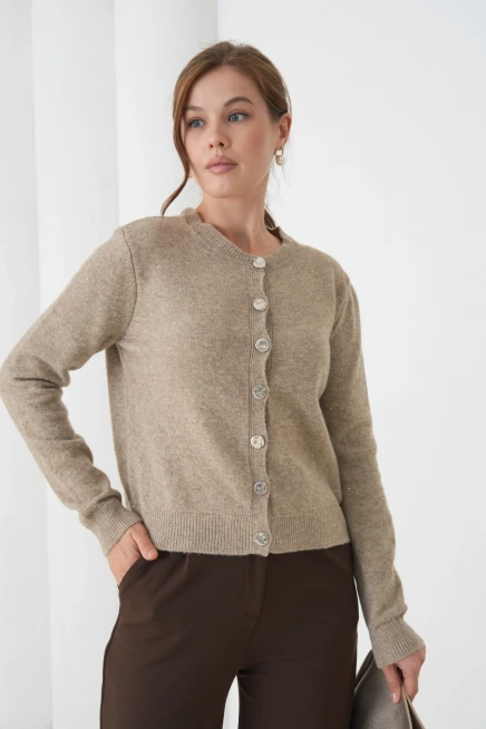 Kadın vizon bisiklet yaka düğme detay yumuşak dokulu triko hırka 8559