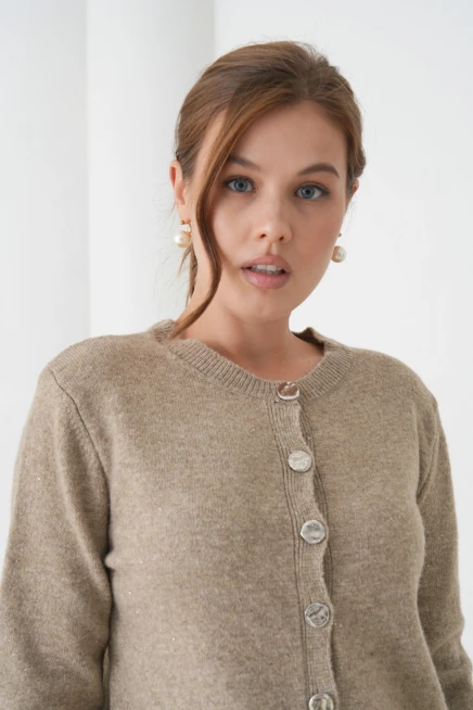 Kadın vizon bisiklet yaka düğme detay yumuşak dokulu triko hırka 8559