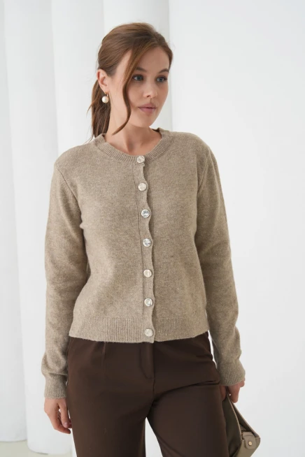 Kadın vizon bisiklet yaka düğme detay yumuşak dokulu triko hırka 8559