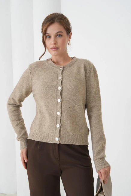 Kadın vizon bisiklet yaka düğme detay yumuşak dokulu triko hırka 8559