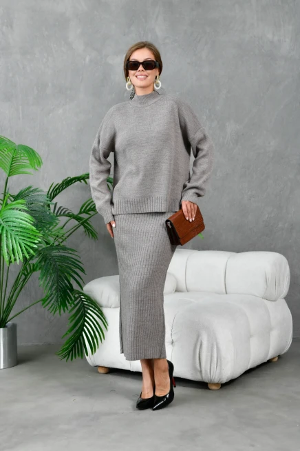 kadın vizon dik yaka salaş kazak uzun etekli ikili triko takım 10270