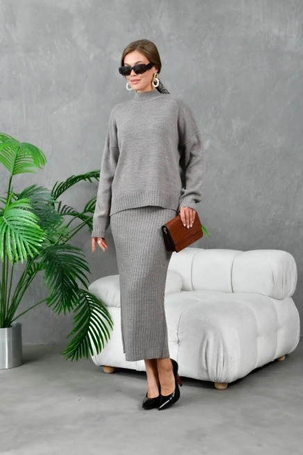 kadın vizon dik yaka salaş kazak uzun etekli ikili triko takım 10270