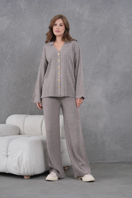 kadın vizon kendinden dokulu düğmeli kazak pantolon triko alt-üst takım 12287