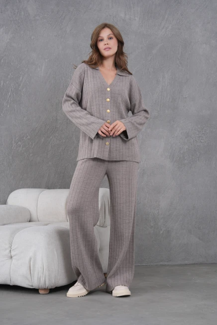 kadın vizon kendinden dokulu düğmeli kazak pantolon triko alt-üst takım 12287