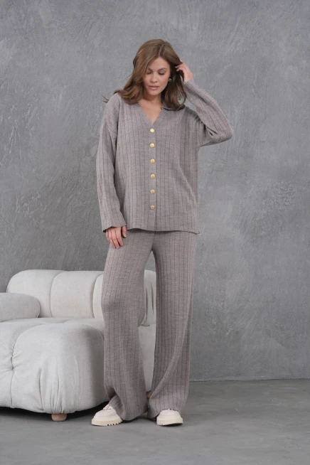 kadın vizon kendinden dokulu düğmeli kazak pantolon triko alt-üst takım 12287