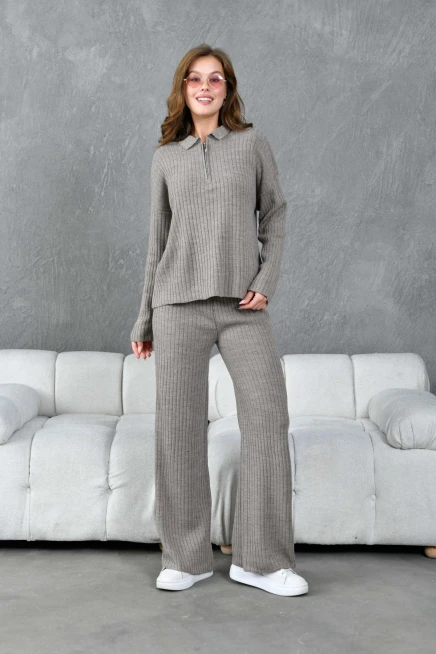 kadın vizon polo yaka oversize kazak pantolon triko alt-üst takım 10955