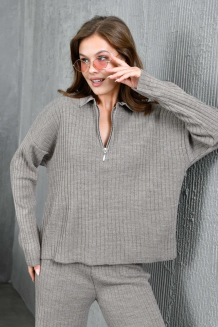 kadın vizon polo yaka oversize kazak pantolon triko alt-üst takım 10955