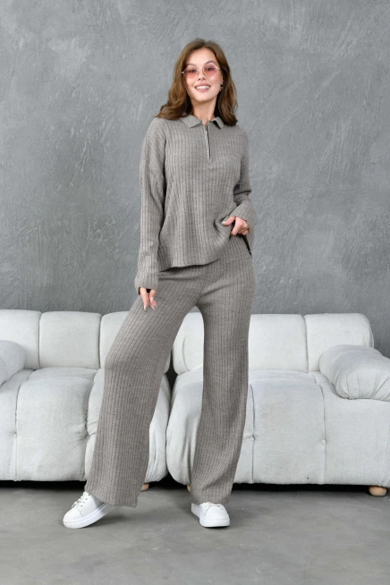 kadın vizon polo yaka oversize kazak pantolon triko alt-üst takım 10955