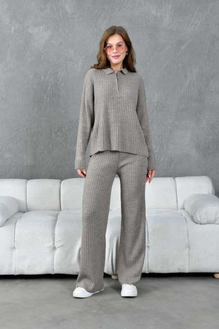 kadın vizon polo yaka oversize kazak pantolon triko alt-üst takım 10955