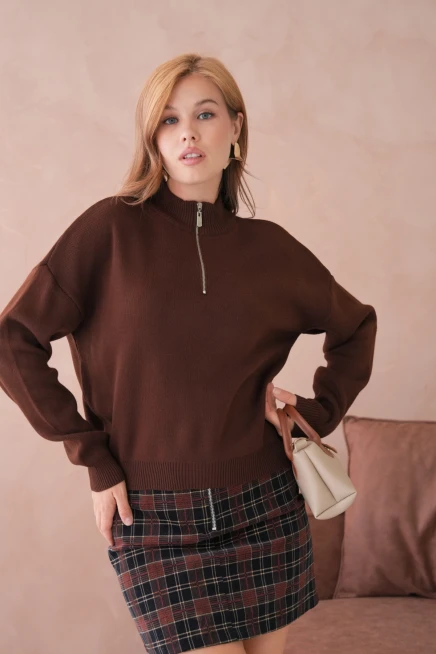 Kadın Yarım Balıkçı Yaka Fermuar Detay Oversize Triko Kazak