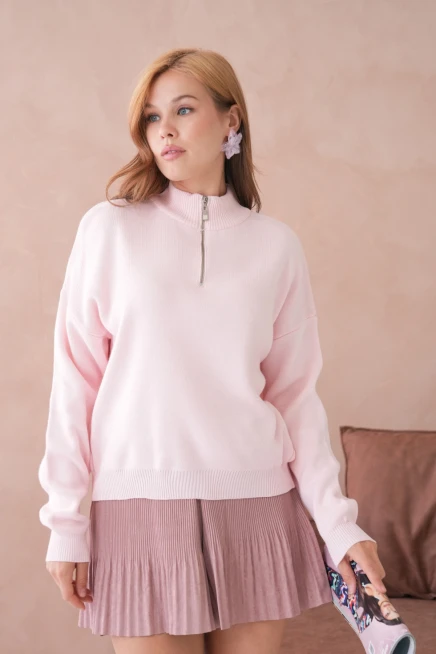 Kadın Yarım Balıkçı Yaka Fermuar Detay Oversize Triko Kazak