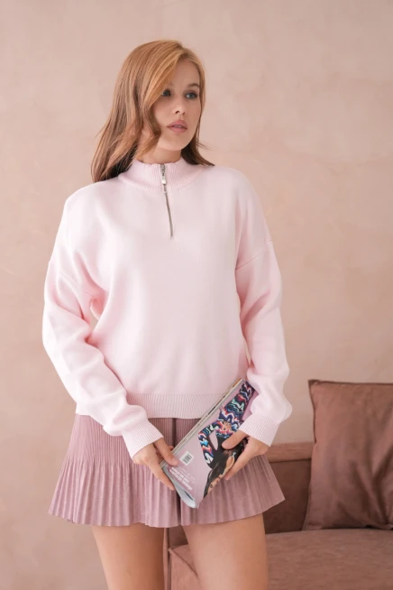 Kadın Yarım Balıkçı Yaka Fermuar Detay Oversize Triko Kazak