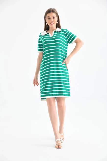 Kadın Gömlek Yaka Yeşil Renk Çizgili Diz Boy Elbise